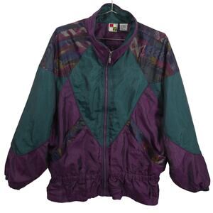 Vintage Windbreaker Womens L Green Purple Energy Zone Southwestern Boho Full Zip